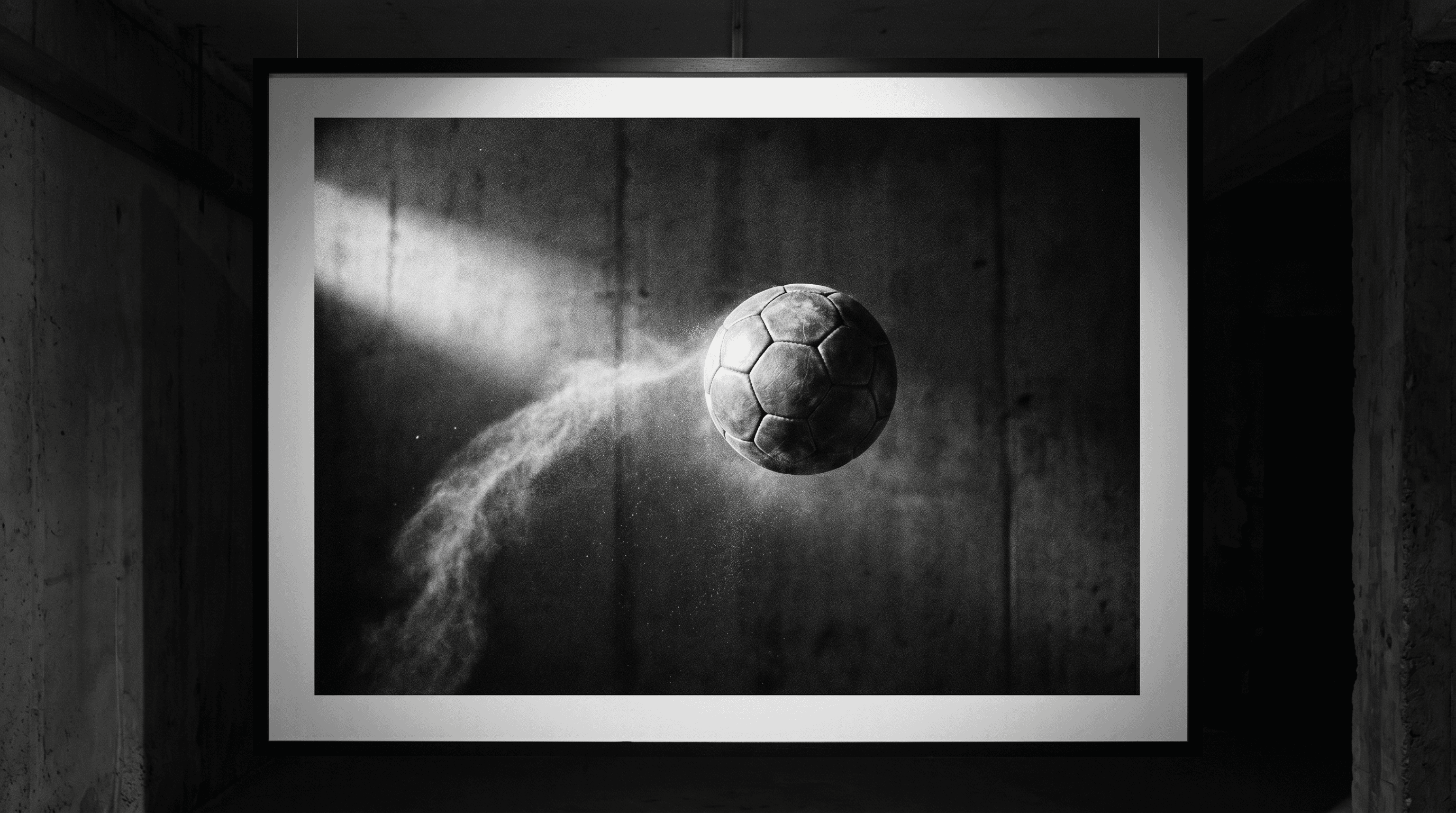 A black-and-white match ball caught mid-air in dramatic, raking light.